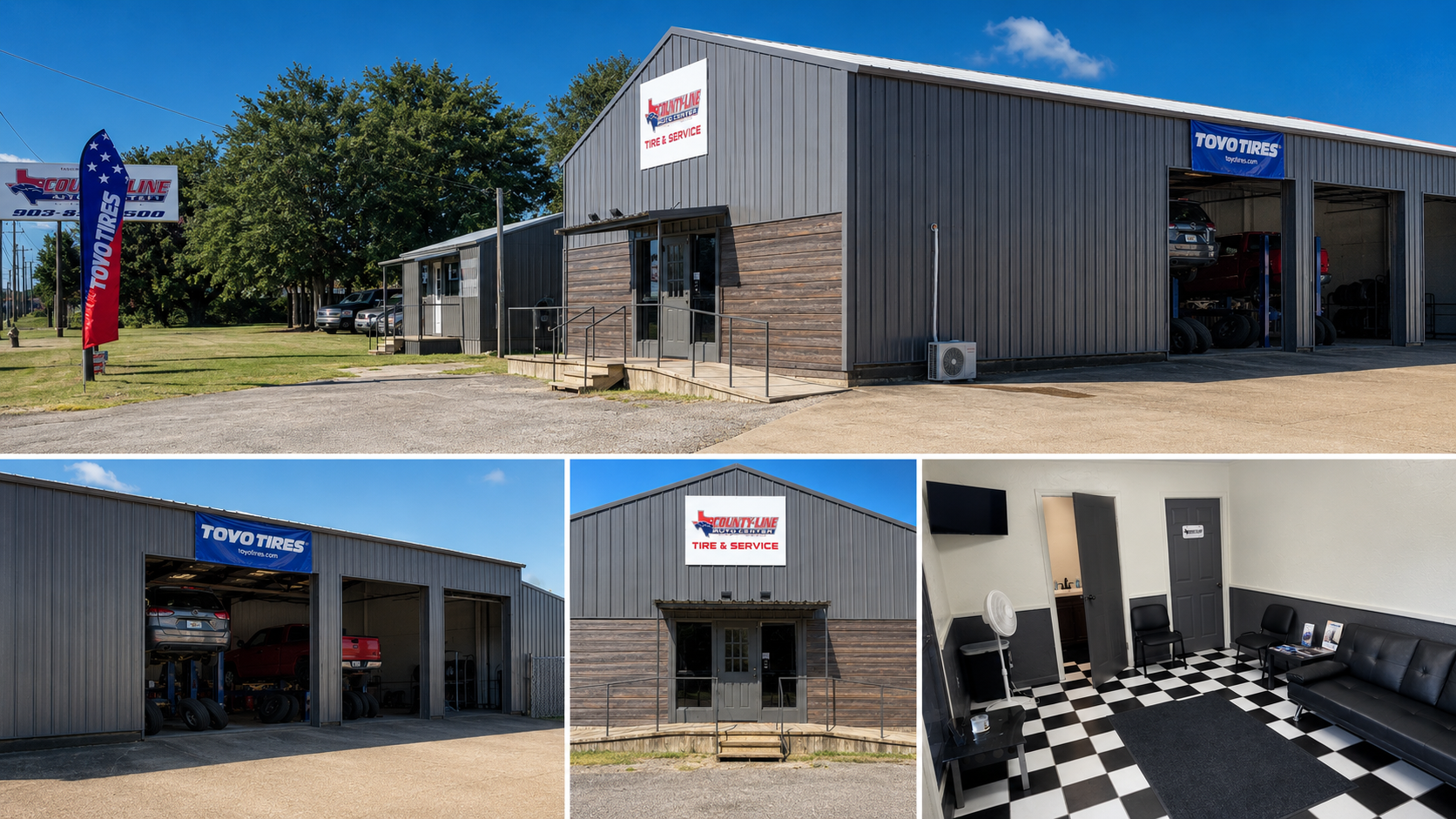 County Line Tire & Auto shop, service bays and customer waiting area in Lindale, Texas