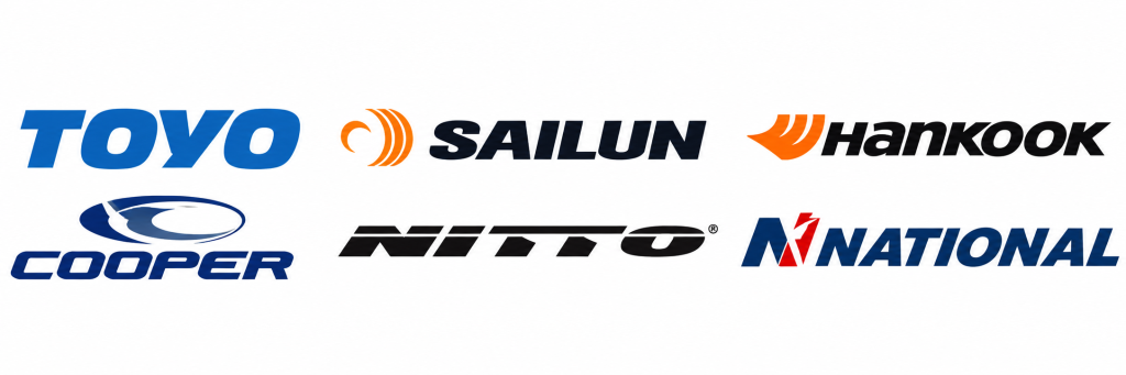 Toyo, Sailun, Hankook, Cooper, Nitto, and National tire brand logos